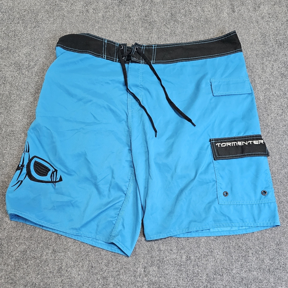 Tormenter Board Shorts Mens 42 Blue Cargo USA Flag Fish Bones Embroidered Surf